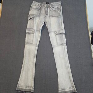 Waimea Stacked Fit Cargo Jeans Mens 32 Grey Slim Utility Panelled Denim Pants